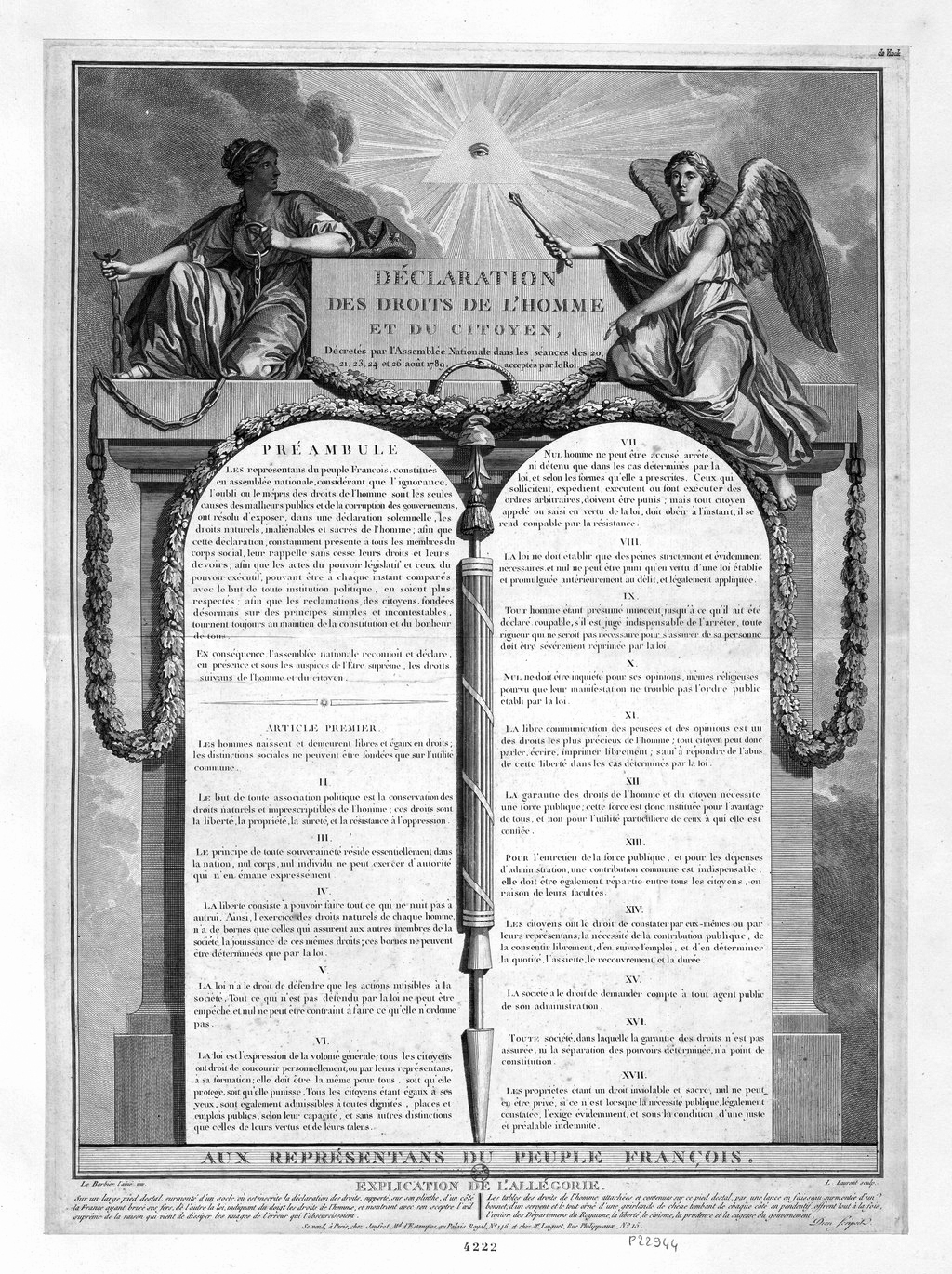 Affiche reprennant la
Déclaration des droits de l'Homme et du citoyen de 1789 et ses dix-sept articles